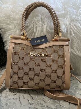 NWT Bebe Celia Beige Tan Logo Jacquard Braided-Handle Mini-Satchel